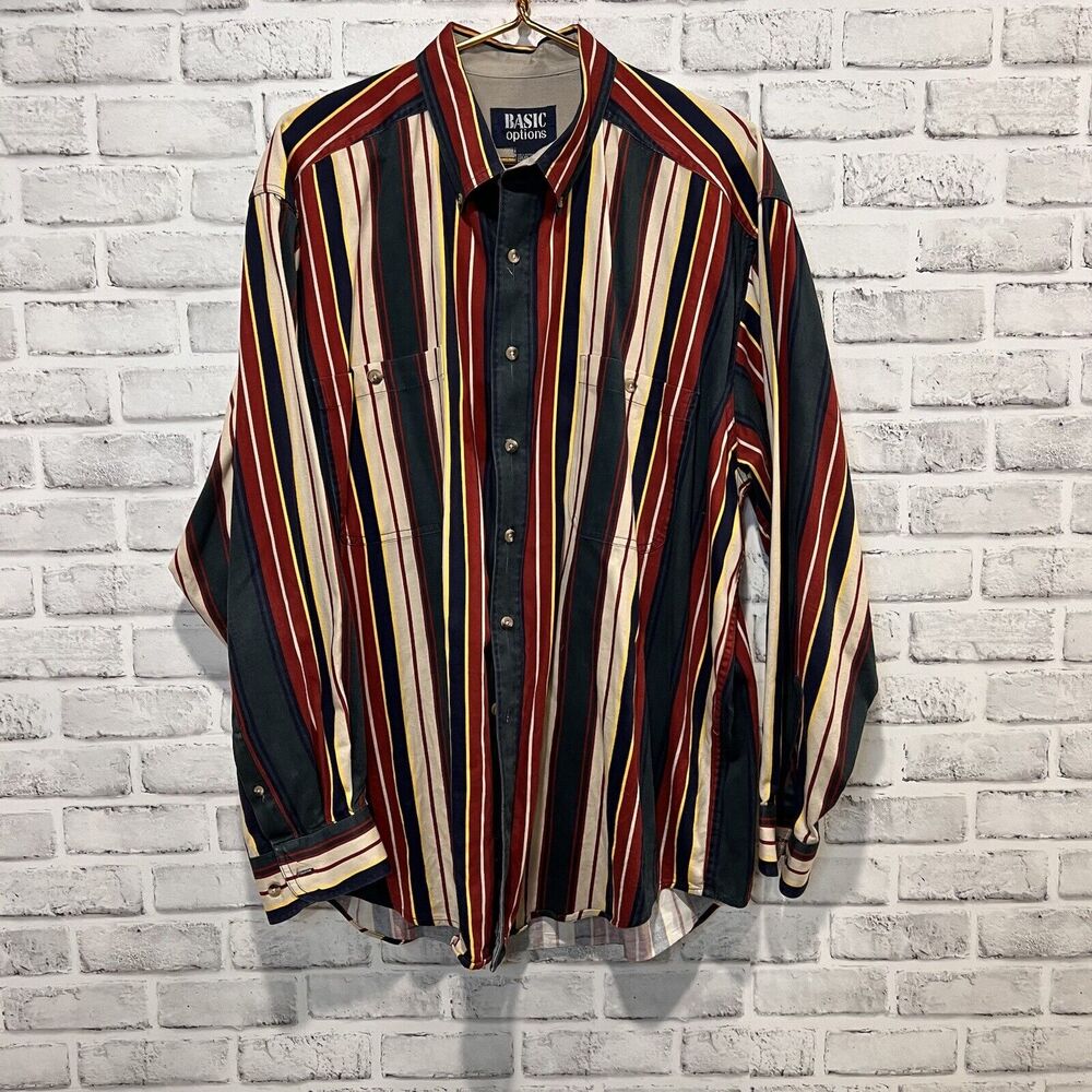Basic Options Long Sleeve Button Down Shirt XL Vintage Striped 100% Cotton